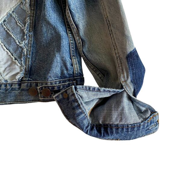 Free People : Brass-tone Studded Patchwork Distressed Boho Denim Jacket : XS - Picture 15 of 16